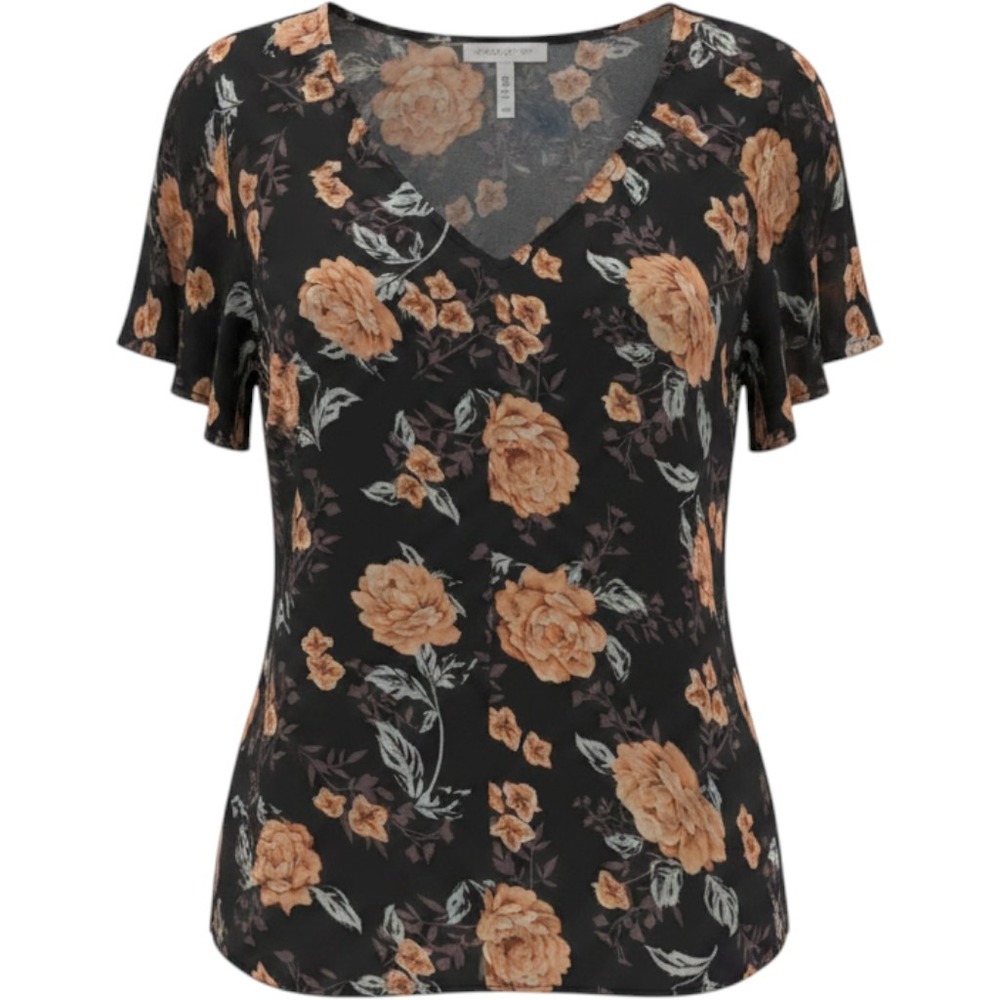 Grayson Threads Black Orange Floral Woven Polyester Blouse V-Neck Short Sleeve L
